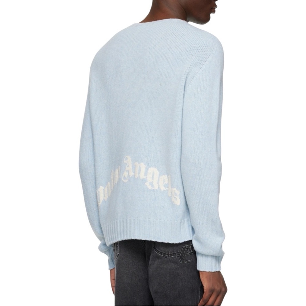 Palm Angels Curved Logo Wool Blend Light Blue Knit Sweater XL